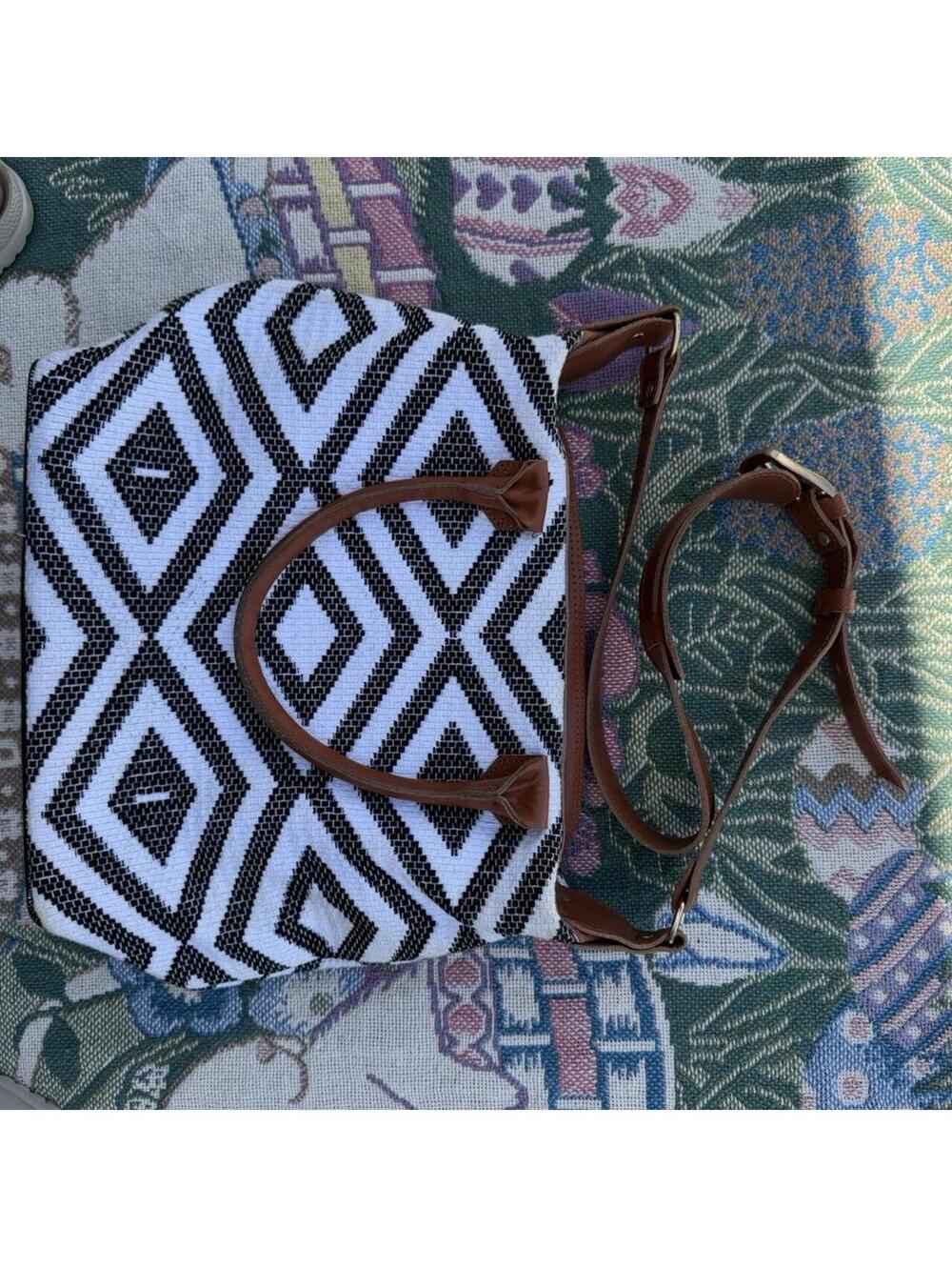 Tribe Alive Black and White Geometric Tote Bag with Brown Leather Straps